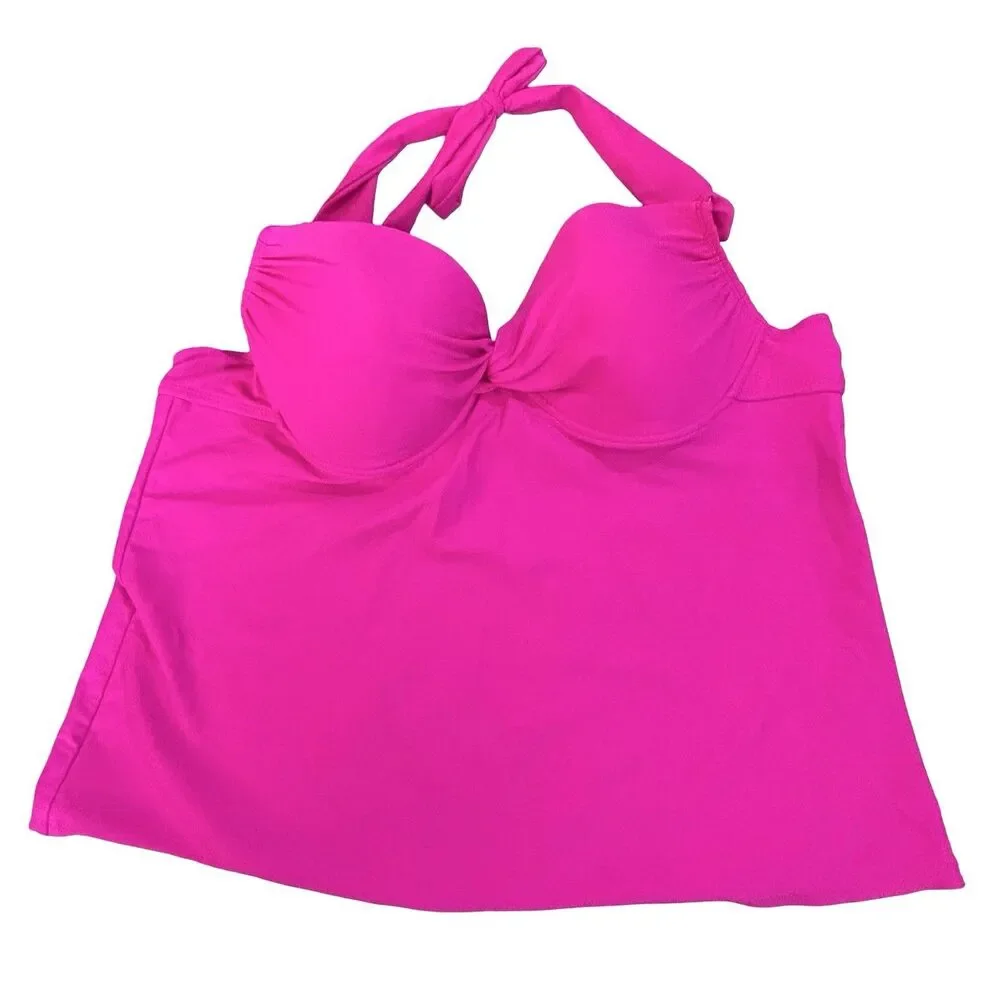 Catalina Hot Pink Halter Tie-Neck Tankini Swim Top Contour Underwire Bra Size XL